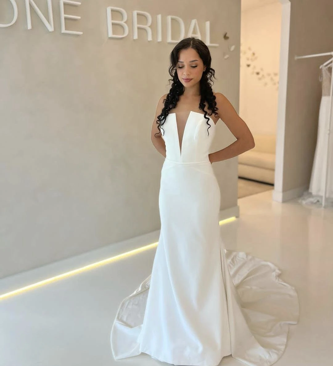 

V-Neck Wedding Dress Satin For Women Customize To Measures Elegant Robe De Mariee Zipper Back White Civil Bridal Gowns Elegant