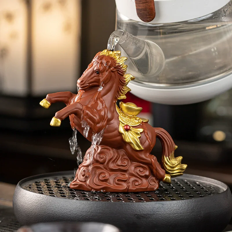 Money Coming Horse Zisha Clay Statue, Mini Figurine for Good Luck & Wealth, Unique Tea Set Accessory & Desk Gift
