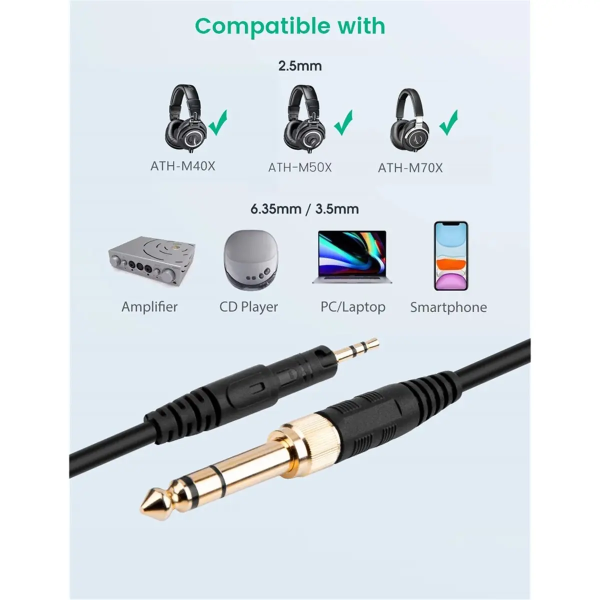 (A75T) ATH-M50x 케이블, 오디오테크니카 ATH-M40x, ATH-M70x 헤드폰용 코일형 AUX 코드 교체품(1/4인치 어댑터 포함, 4피트10피트)
