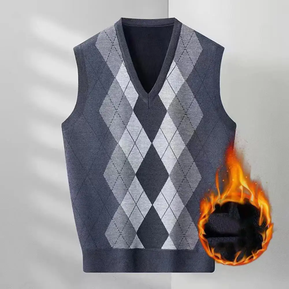 

Men Sweater Vest Men's Rhombus Print V-neck Sweater Vest Warm Stylish Sleeveless Knitwear for Fall Winter Mid-length Applique