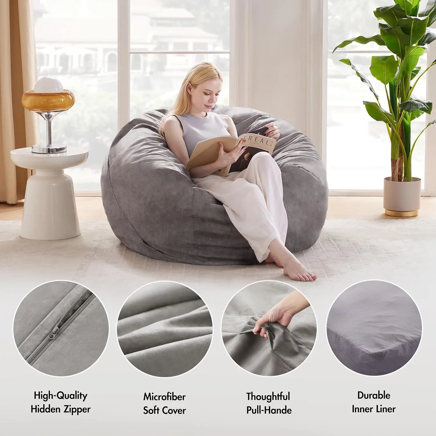 Bean Bag Chair, Large Bean Bag Chairs for Adults, Convertible Bed, Big Beanbag Chair with Microfiber Cover, Huge