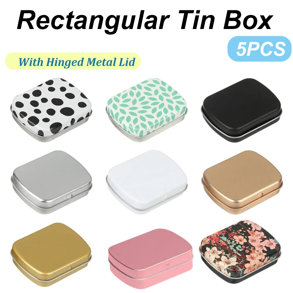 5PCS Mini Rectangular Iron Tin Box with Hinged Metal Lid Portable Multicolor Empty Small Storage Container Home Organizer storage box
