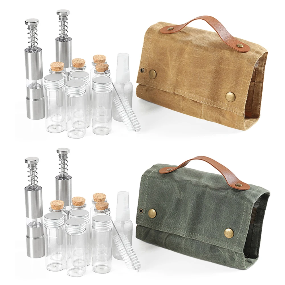 12pcs Spices Bottle Kit with Grinder Portable BBQ Spice Bottle Condiment Jar Holder Storage Bag Travel BBQ Camping Supplies