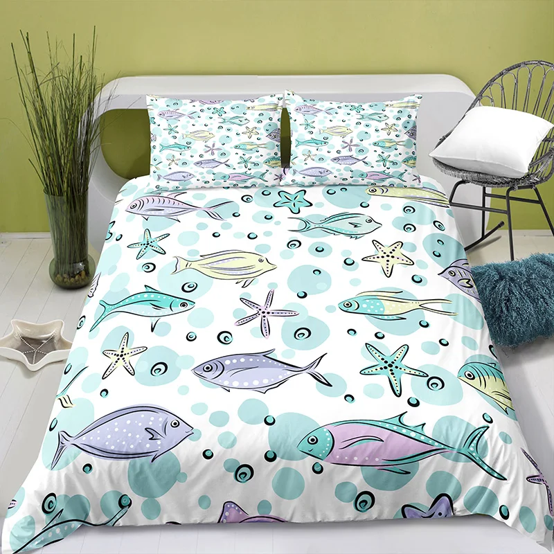 

Nordic Fish Starfish Printed Duvet Cover with Pillow Case Bedding Set Sea Series Blue Comforter Cover Set for Bedroom Decor