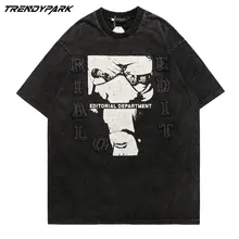 

Oversized T-shirt Washed Distress Print Applique Embroidery T-shirts Harajuku Streetwear Casual Short Sleeve Hip Hop Men T-shirt