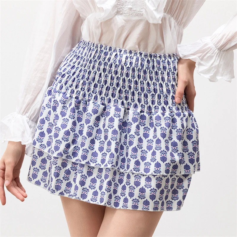 Minifalda de verano para mujer, con estampado floral, elástica, de cintura alta, con volantes escalonados, faldas cortas de corte A, faldas para salir, ropa de calle