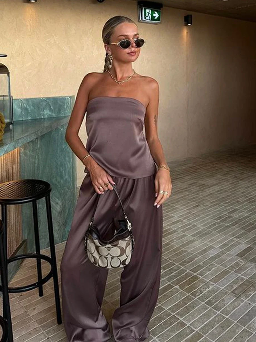 2024 Summer Satin 2 Piece Women's Backless Bandeau Top and Wide Leg Pants Streetwear 2K Aesthetic Clothing tank tops dotted swiss smocked ruffled chiffon strapless bandeau tank top in pink size s xl