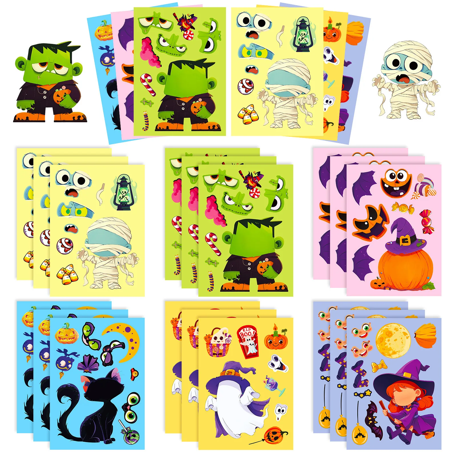 6 Blatt Halloween DIY Puzzle Aufkleber Spiele 6 Geister Kürbis Machen Ein Gesicht Lustige Montieren Puzzle Aufkleber Kinder Lernspielzeug