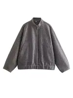 Women's Casual Loose Stand Collar Jackets 2023 Spring Warm Grey button Long Sleeve Bombers Fashion Plush Solid Female Outwear - Image 3