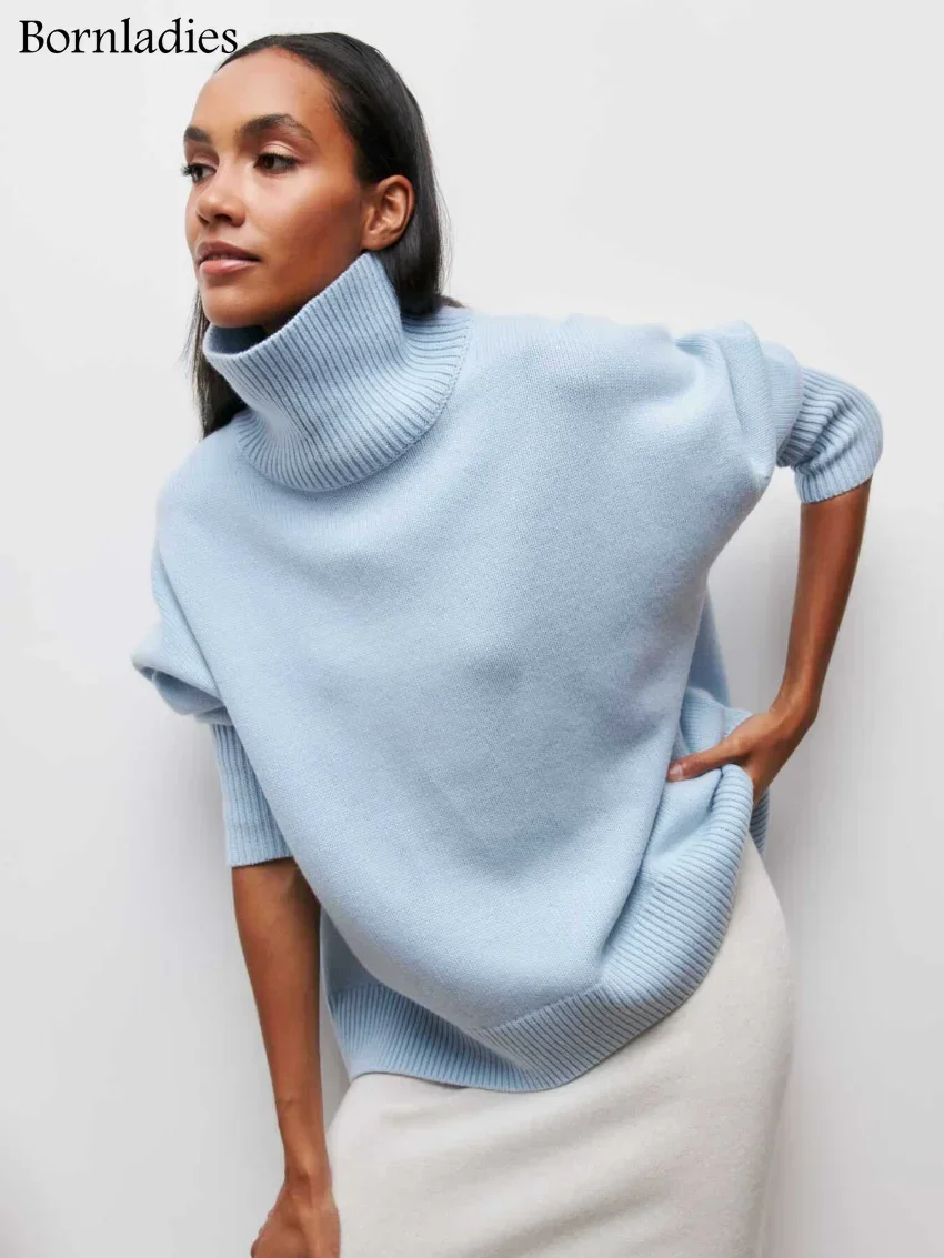 Bornladies Women Turtleneck Sweater Autumn Winter Thick Warm Pullover Tops Oversized Casual Loose Knitted Jumper Female pull