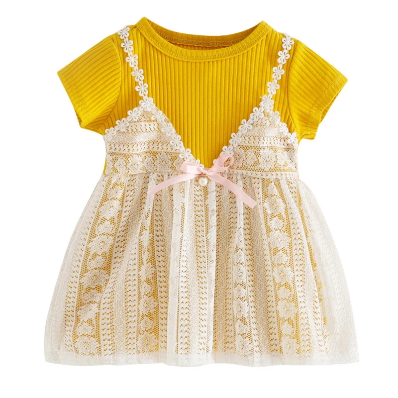 

Summer Baby Girl Princess Dresses Lace Soft Short Sleeve Tutu Dress Girls Toddler Cute Fake 2 Piece Sundress Clothing