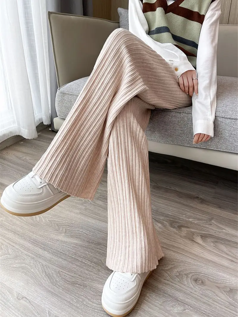 

Limiguyue Stripe Knitting Pants Autumn Winter Women Drawstring Pleated Wide Leg High Waist Long Trousers Loose Leisure Knitwear