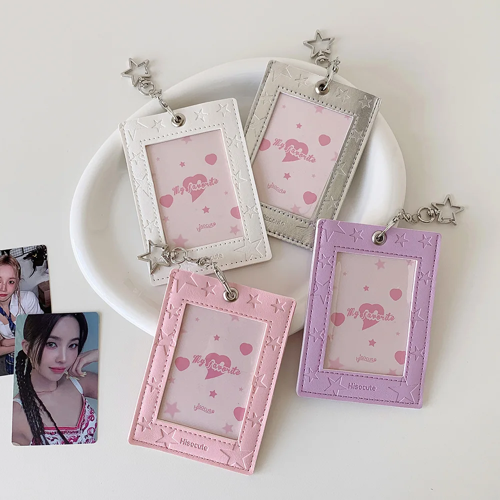 PU Leather Silver Color Bowknot Star Photo Card Holder Pockets For Mini Photo Sticker Name Card 3 Inch Photos With Key Chain