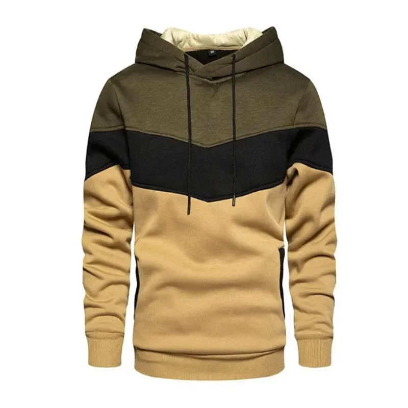 Men's Patchwork Hoodie Outdoor Casual Sportswear Street Fashion Men's Fleece Thermal Hooded Sweatshirt Fall Winter Black