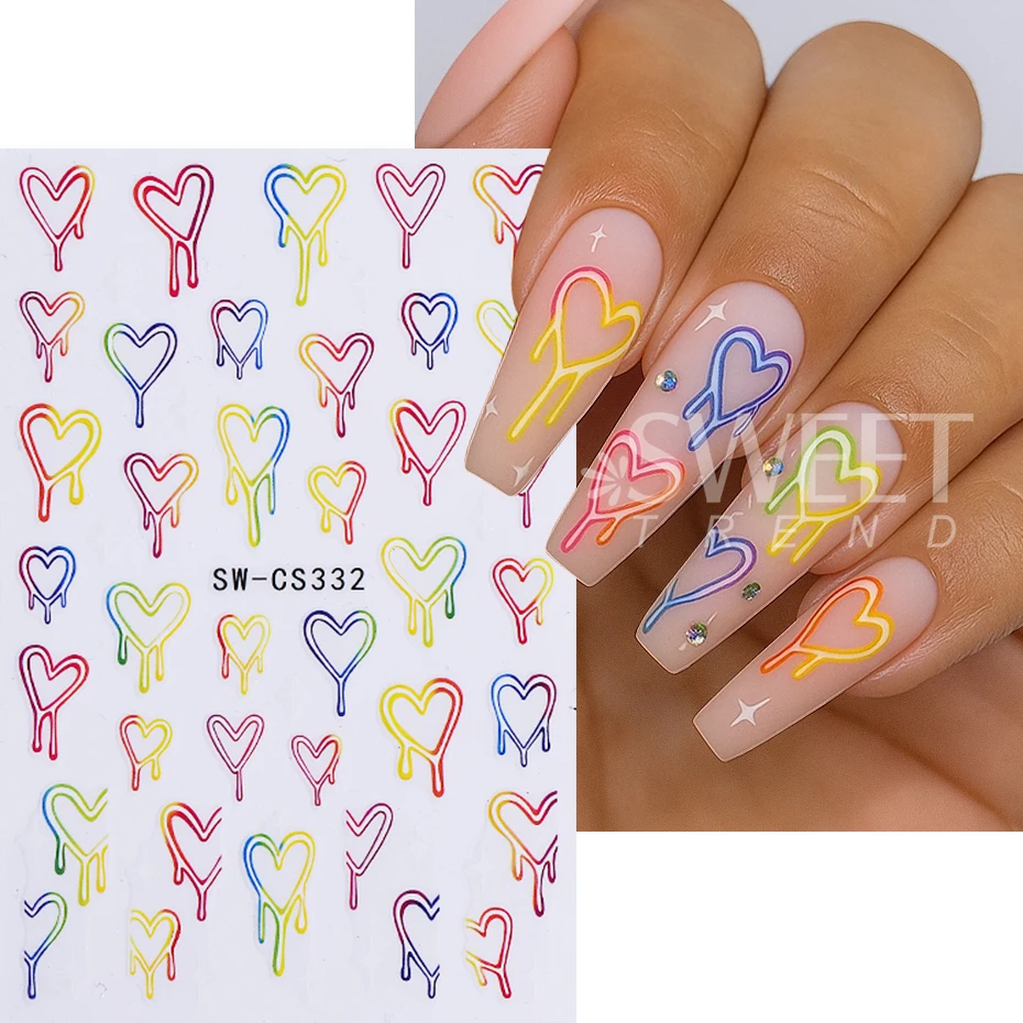 3pcs Cartoon Heart Nail Stickers Colorful Gradient Dripping Love Heartbeat Adhesive Nail Decals DIY Valentine's Manicure Decor
