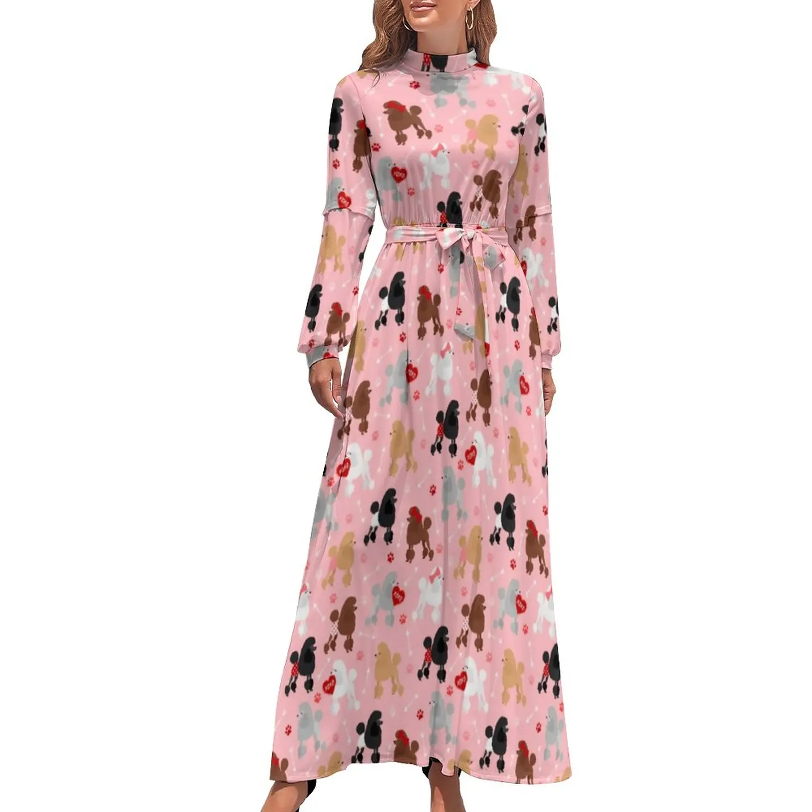 

Poodle Valentine Dress Cute Animal Print Sexy Design Maxi Dress High Waist Long Sleeve Street Style Bohemia Long Dresses