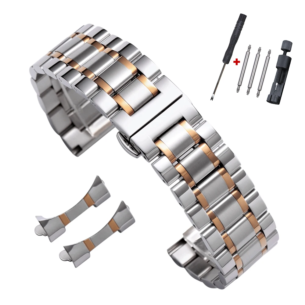 Curved End Solid Stainless Steel Watch Bracelet with Butterfly Buckle - Multiple Sizes Available