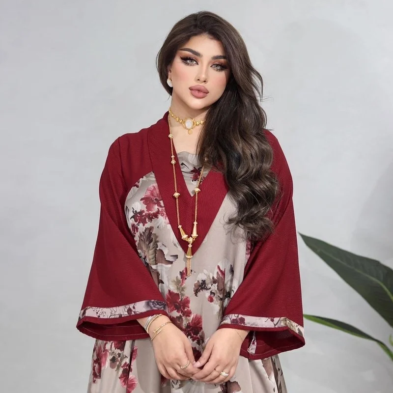 Islam Abaya Dress for Women, Print Splicing Abayas, Loose Casual Maroon Dress, Middle East Arabia