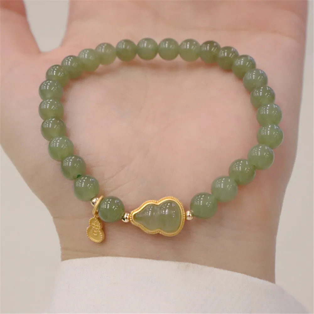 

Natural Hetian Jade Bead Bracelet Female Fulu Gold Inlaid Jade Gourd Vintage Green Trendy Women Charm Jewelry Gift Wholesale