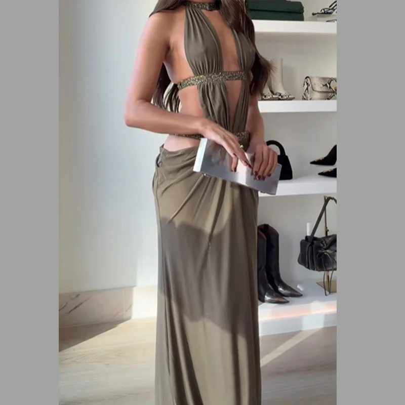 Sexy Hollow Out Sequin Halter Dress Women Sleeveless Off Shoulder Backless Pleated Maxi Dresses 2026 Lady Evening Party Gown Sd5bfe1d9226d4897a00c546986cacf42A