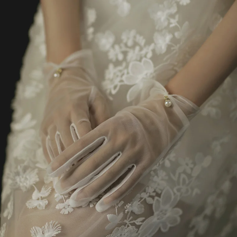 Wedding Dress Lace Gloves Short White Pearls Ruffle Edge Women Bride Bridesmaid Finger Wrist