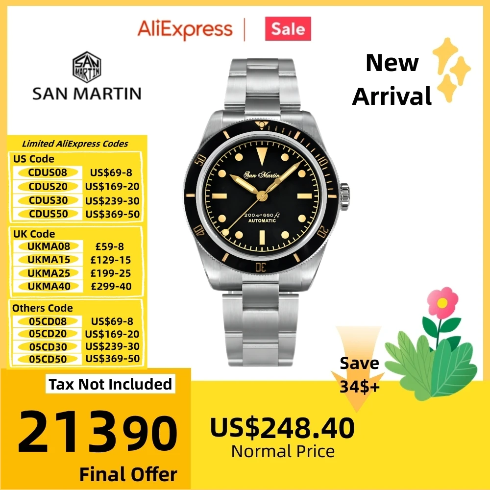 

San Martin 38mm 6200 Diver Watch For Men Timepiece NH35 Automatic On The Fly Adjust Clasp Sapphire BGW-9 Luminous 20Bar SN0004GA