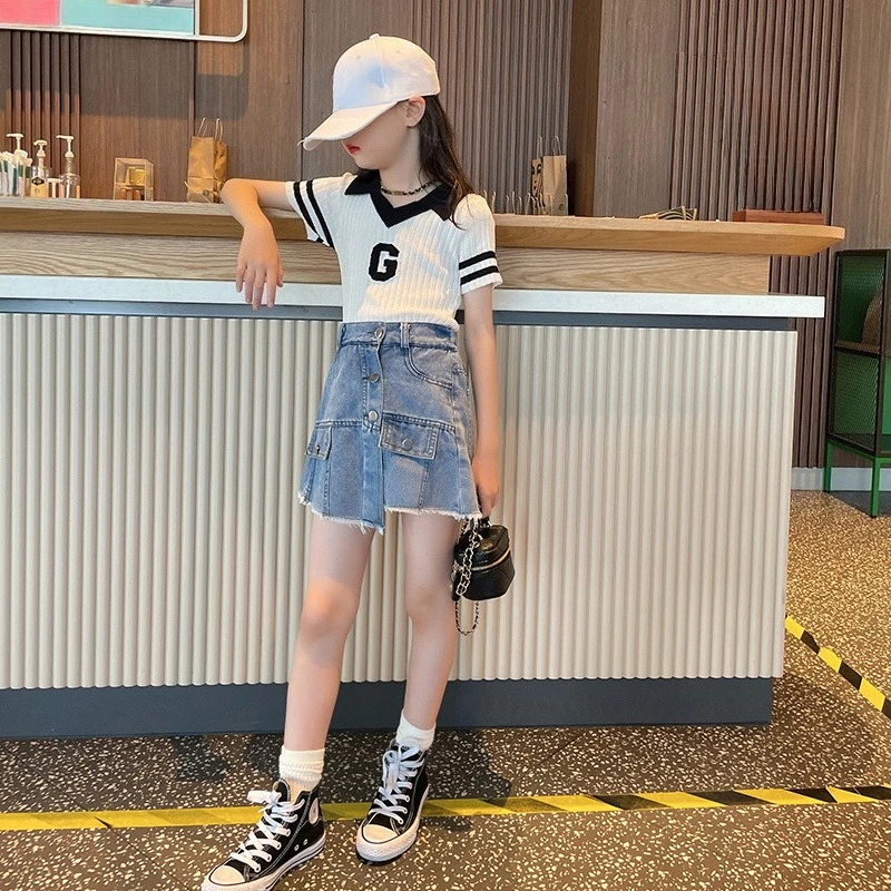 여아 데님 스커트 반바지 세트 여름 2026 키즈 캐주얼 투피스 의상 귀엽고 스타일리쉬하며 편안한 큰 여자아이들을 위한 5-12세용