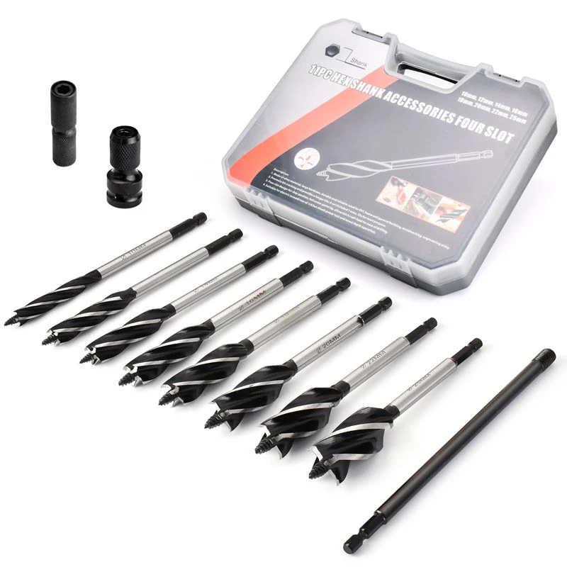 Long Wood Auger Drill Bit Set with Quadrilateral Joint Adapter Fast
