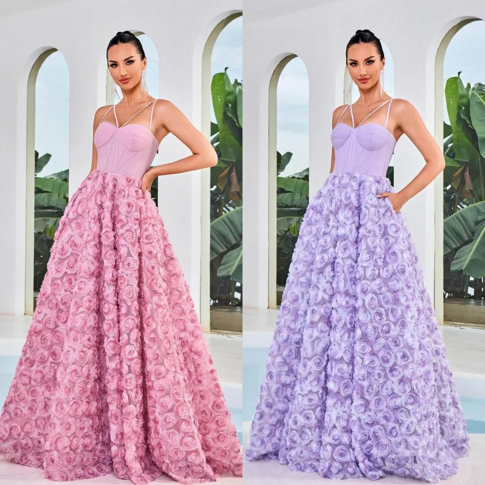 

Prom Dress Saudi Arabia Evening Jersey Draped Flower Pleat Celebrity A-line Spaghetti Strap Bespoke Occasion Gown Long Dresses