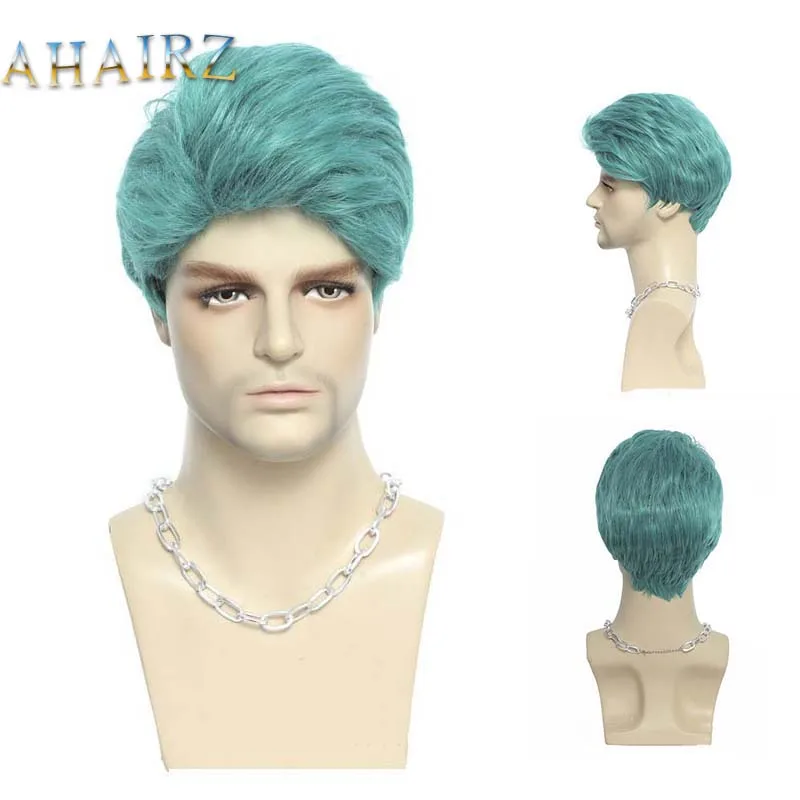 Synthetic Short Curly Wigs for Men Boys Grass Blue Fake Hair Heat Resistant Party Anime Daily Cosplay Wig grass turf fake grass green grass mini skirt womans clothing skirts for womans