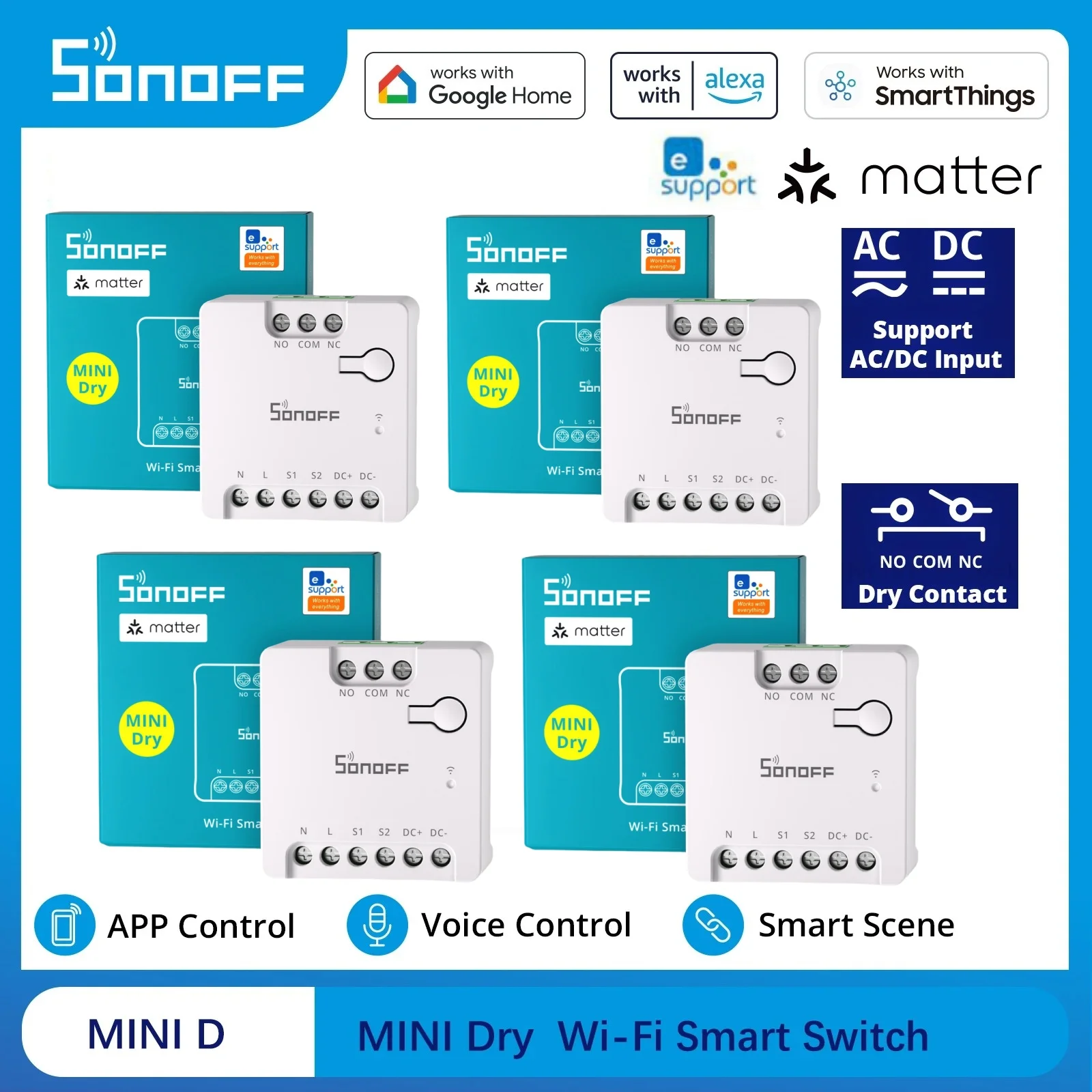 SONOFF MINI D MINI-D อุปกรณ์รีเลย์ควบคุมอัจฉริยะแบบไร้สาย SONOFF Mini Dry รองรับ Matter ใช้กับแหล่งจ่ายไฟ AC/DC ควบคุมการเชื่อมต่อ 1