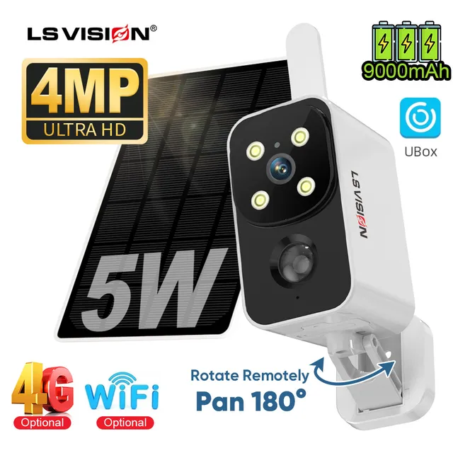 LS VISION 2K 4G Solar Security Camera Outdoor WiFi 180° Pan Rotating PIR Detection Battery Cameras with 5W Solar Panel Ubox App 1