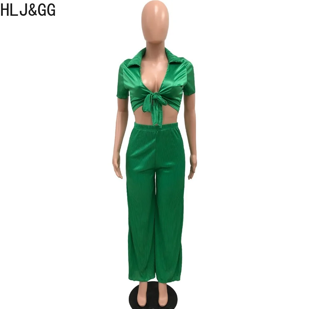 HLJ&GG Elegant Lady Solid Ruched Bandage Two Piece Sets Women Deep V Short Sleeve Crop Top And Wide Leg Pants Outfits Streetwear