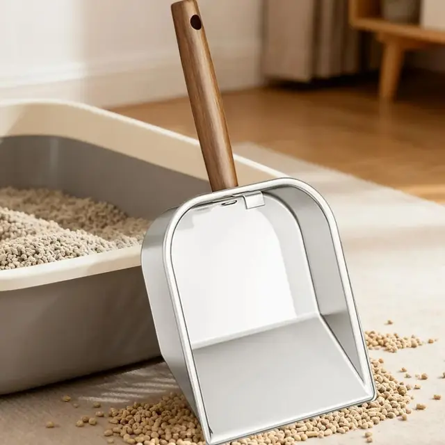 Stainless Steel Cat Litter Scoop Wooden Handle Hollow Design Litter Box Shovel Nonstick Surface Large Waste Removal Sifting Tool Stainless Steel Cat Litter Scoop Wooden Handle Hollow Design Litter Box Shovel Nonstick Surface Large Waste Removal Sifting Tool