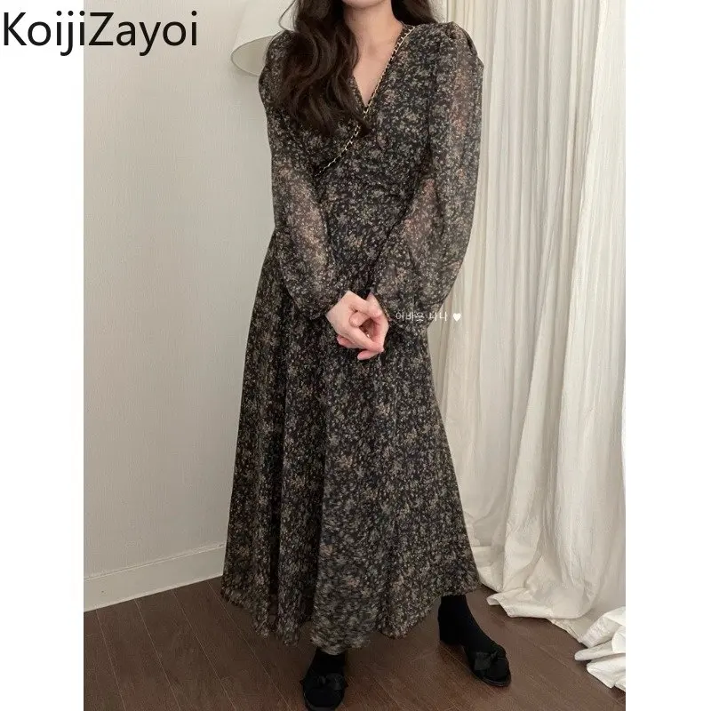 

Koijizayoi Women Vintage Floral Maxi Dress Long Sleeves V Neck Dresses Office Lady Spring Summer Chiffon Vestidos