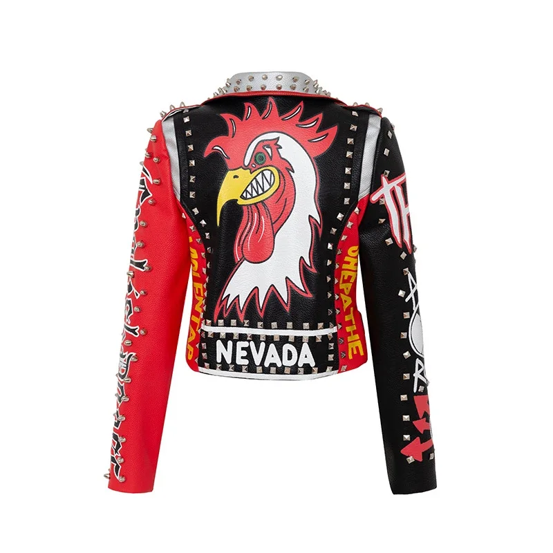 Punk Cropped Motorcycle Leather Jacket Women 2024 Trend Streetwear Graffiti Print Contrast Faux Leather Studded Jackets