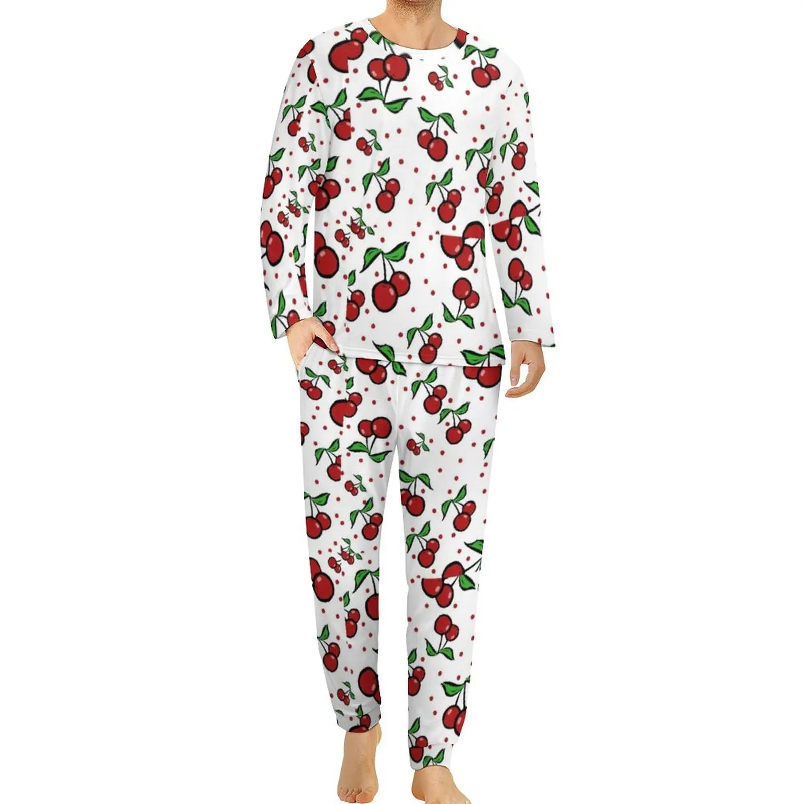 

Пижама в виде вишни, Мужская одежда для сна в стиле ретро с фруктовыми листьями, зимние пижамные комплекты из 2 предметов с длинным рукавом, домашний дизайн, большие размеры