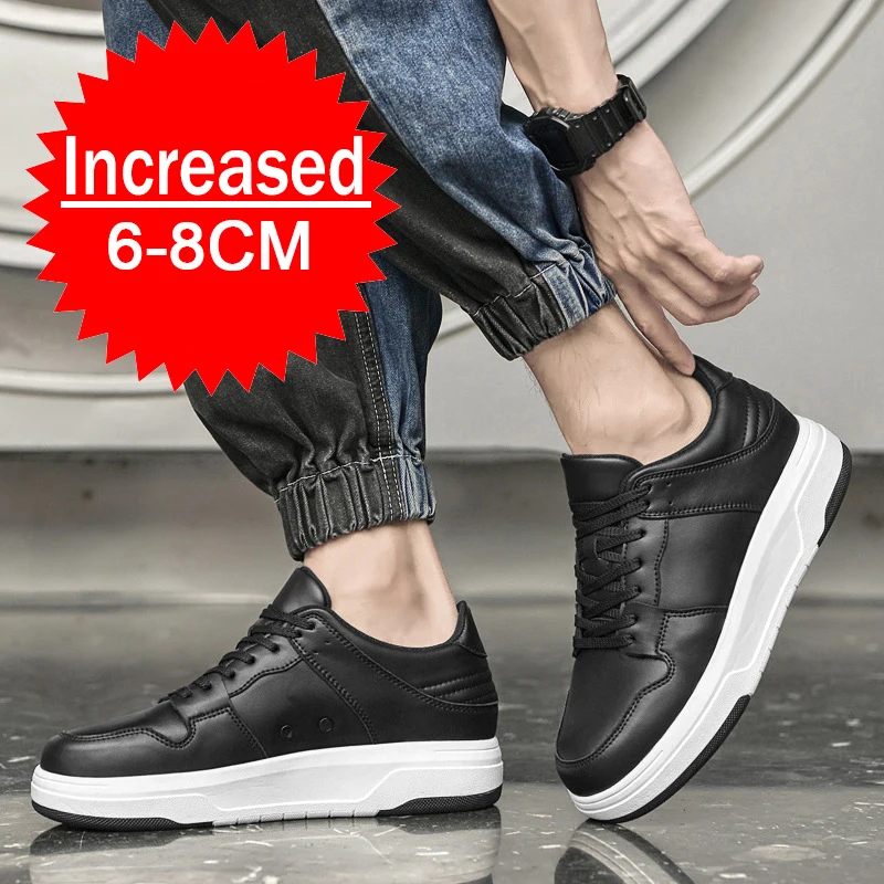 Casual Genuine Leather Inner Height Increase Men Shoes 6/8CM Invisible Increasing Thick Sport Shoes Outdoor Sneakers Big Size 45 4