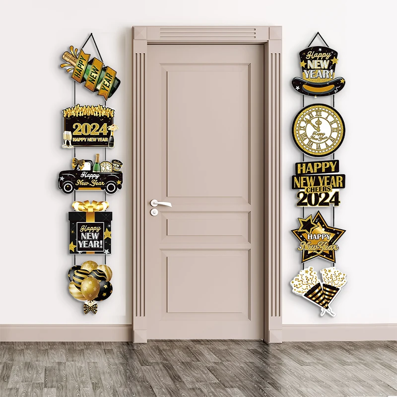 

2024 Happy New Year Door Curtain Couplet Scroll Art Paper Cards Black Gold Hanging Banner Flags Festival Supplies Home Decor