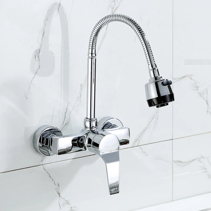 Kitchen wall mounted faucet steam spray bubbler bathroom double hole cold and hot water hose kitchen mixing swivel