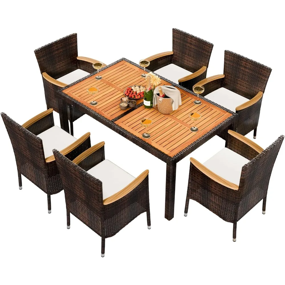 

7 Piece Patio Dining Set, Wicker Patio Conversation Set with Wood Table Top, Outdoor Table and Chairs with Soft Cushions