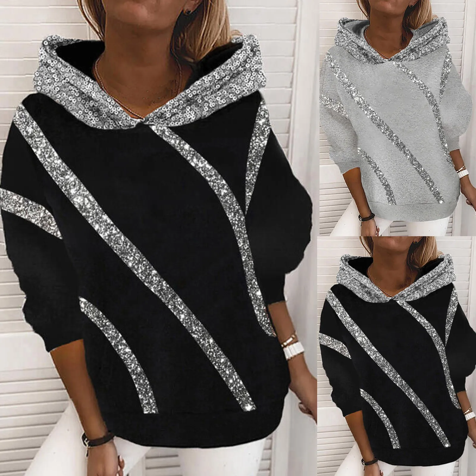 

Hoodies Women 2023 Autumn New Sequin Loose Hooded Pullover Sweater Fashion Casual
