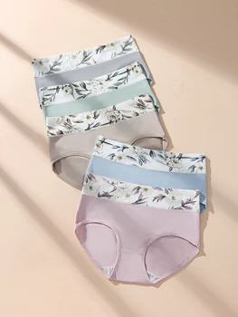 5Pcs Women Cotton Panties High Waist Underwear Print Girls Briefs Sexy Panty Plus Size Soft Underpants Seamless Ladies Lingerie