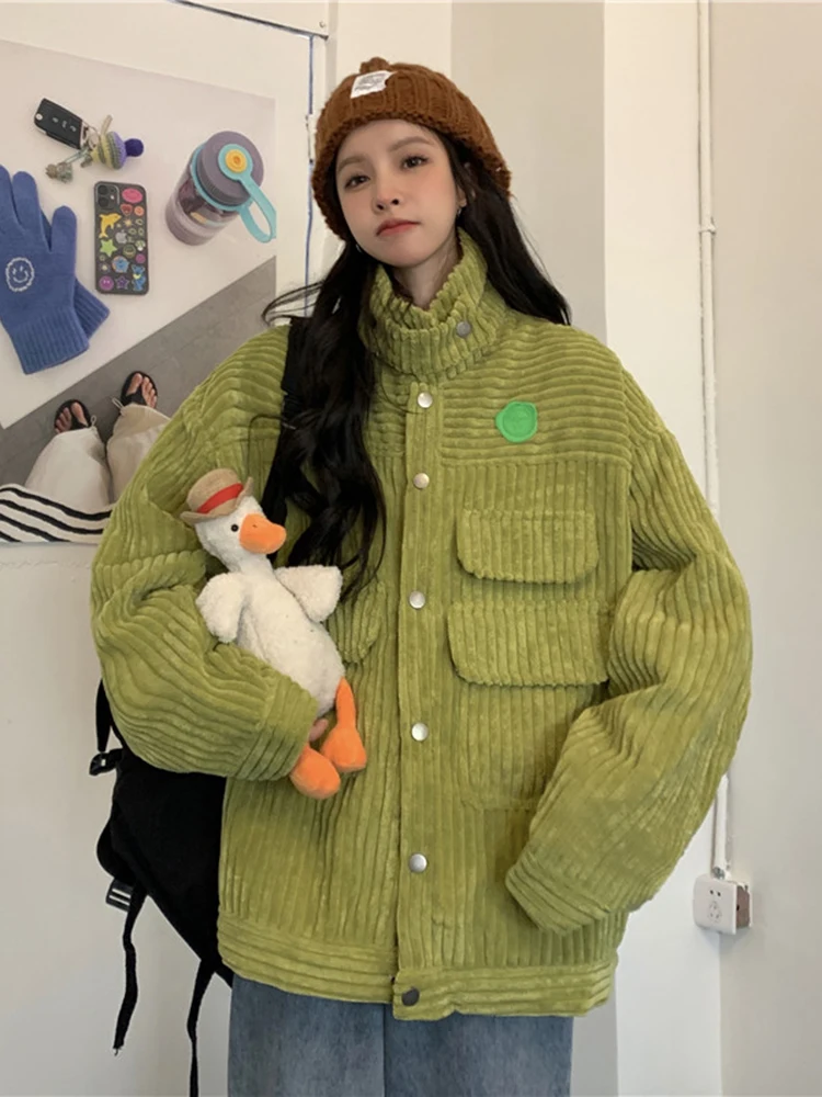 ZOKI Vintage Corduroy Jacket Spring Green Casual Button Up Loose