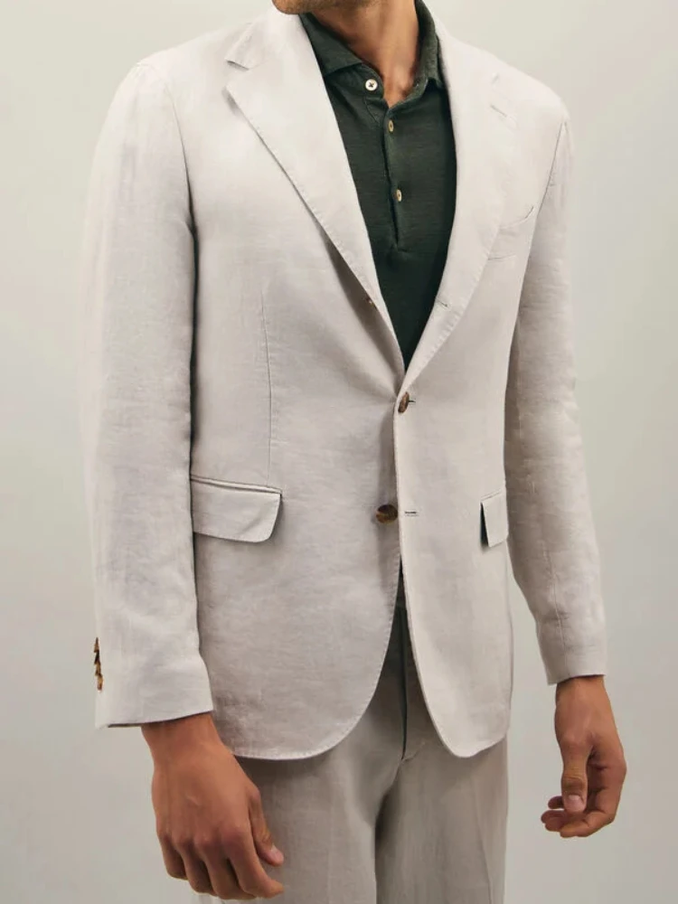 

2024 Fashion Light Gray Summer Linen Elegant Men Suit Casual Slim Fit Blazer Notch Lapel High Quality Custom 2 Piece Set Costume