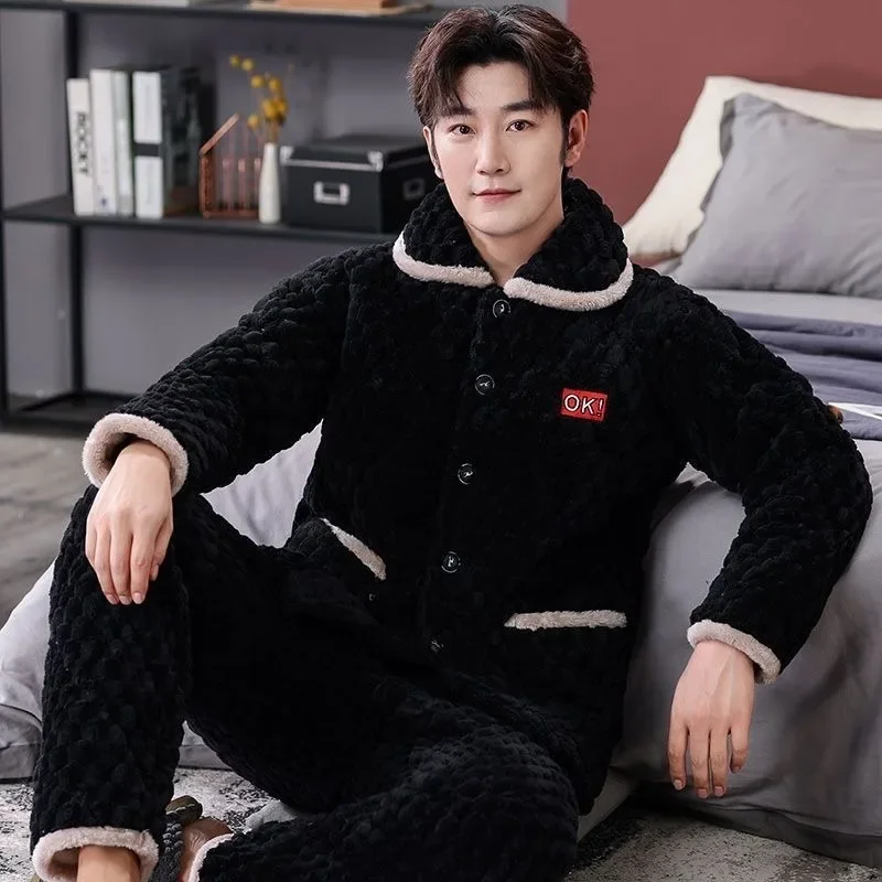2024 New Autumn Winter Coral Velvet Men's Pajamas Three Layers of Cotton Loungewear Thickened Plushing Flannel Homewear Warm Set