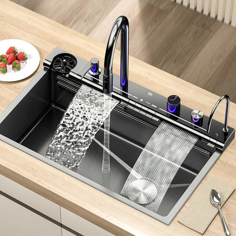 Grey Stainless Steel Waterfall Kitchen Sink Large Single Slot Integrated Digital Display Faucet Set Soap Dispenser Cup Washer 2
