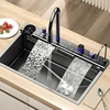 Grey Stainless Steel Waterfall Kitchen Sink Large Single Slot Integrated Digital Display Faucet Set Soap Dispenser Cup Washer 2