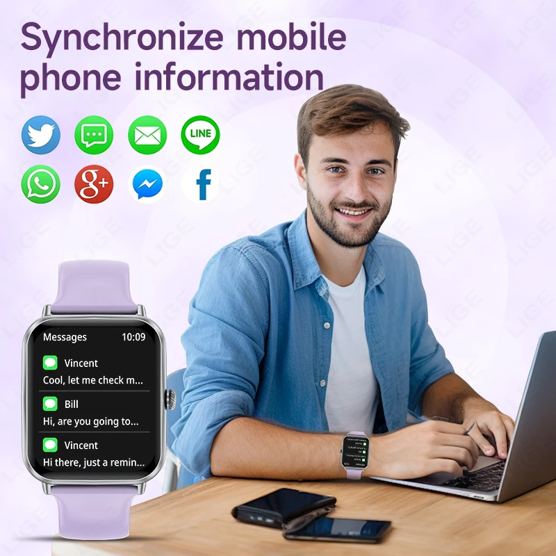 LIGE Fashion 1.83" HD Screen Smart Watch Women Bluetooth Call IP68 Waterproof Ladies Watches Daily Health Monitor Smartwatch New