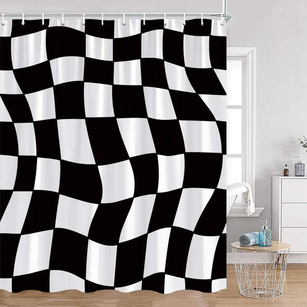 Colorful Checkerboard Shower Curtain Black White Blocks Distorted Chess Board Bathroom Curtain Modern Abstract Bath Decorations 2